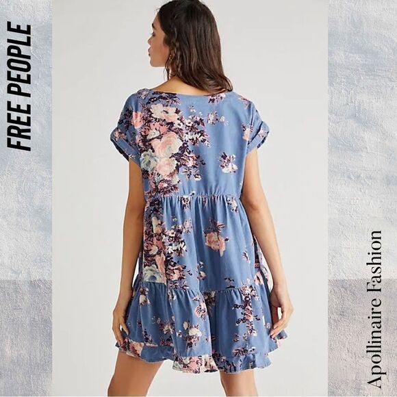 FREE PEOPLE HARPERS MINI DRESS CORDUROY IN BLUE FLORAL NEW - Picture 1 of 8